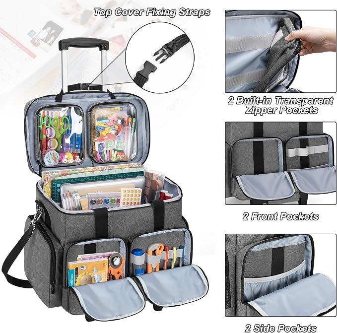 CURMIO Rolling Scrapbook Bag, Craft Tote with Wheels for Paper, Ablum, Gray | Crafts Supplies Tote with Wheels, with 2 detachable zipper pouches, Removable Bottom Board, Shoulder Straps, Large Capacity