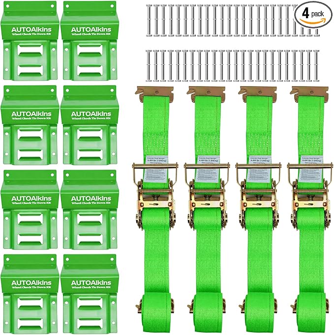 Wheel Chock Tie Down Kit, 4,400lb Break Strength — 4 Heavy Duty E-Track Tire Ratchet Straps & 8 Steel Wheel Chocks, Complete Trailer Tie Down System for ATV, UTV, Lawn Mower & SxS (Green)