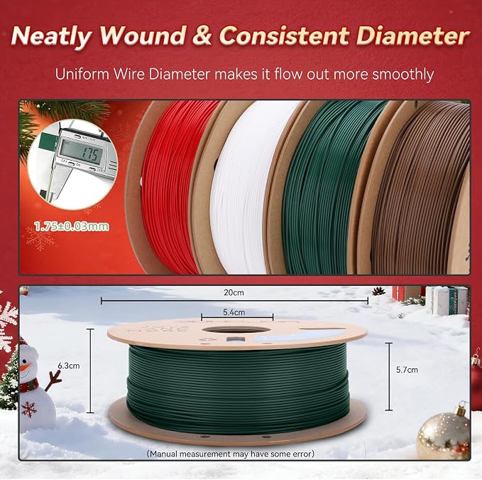 3DHoJor PLA+ Filament 1.75mm 3D Printer Filament + 1kg*4 Christmas Special Bundle Cardboard Spool Dimensional Accuracy +/- 0.03 mm - (True red/Milky White/Brown/Pine Green)