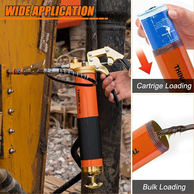 THINKWORK 8000 PSI Professional Heavy Duty Grease Gun Kit for 14 Oz Tubes, Pistol Grip Lube Grease Guns Tool with 0.53" Coupler & 90° Adaptor - Automotive, Marine, Industrial, Agricultural Machinery