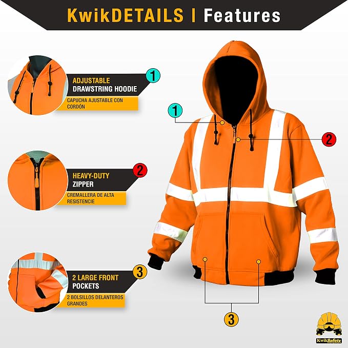 KwikSafety - Charlotte, NC - Men's Fleece Safety Hoodie | PPE Hi Vis Lightweight Reflective Jacket