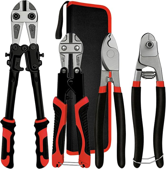4-Piece Bolt Cutter Pliers Set, 14" Heavy Duty Bolt Cutter, 8" Mini Bolt Cutter, 8" Wire Cable Cutter, 8" Wire Rope Cutter for Cutting Chains, Steel Wire, Locks - Storage bag Included