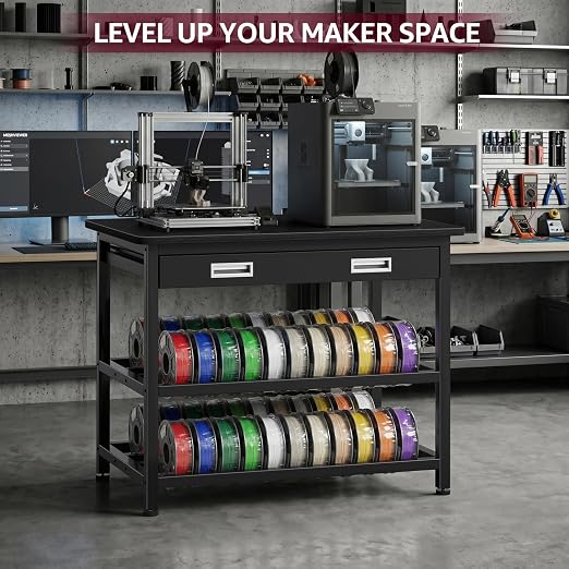 3D Printer Stand with Filament Storage - Heavy Duty 3D Printer Table with Metal Drawer, 36 inch 3 Tier Metal 3 D Printing Desk for 3 D Printers, Black