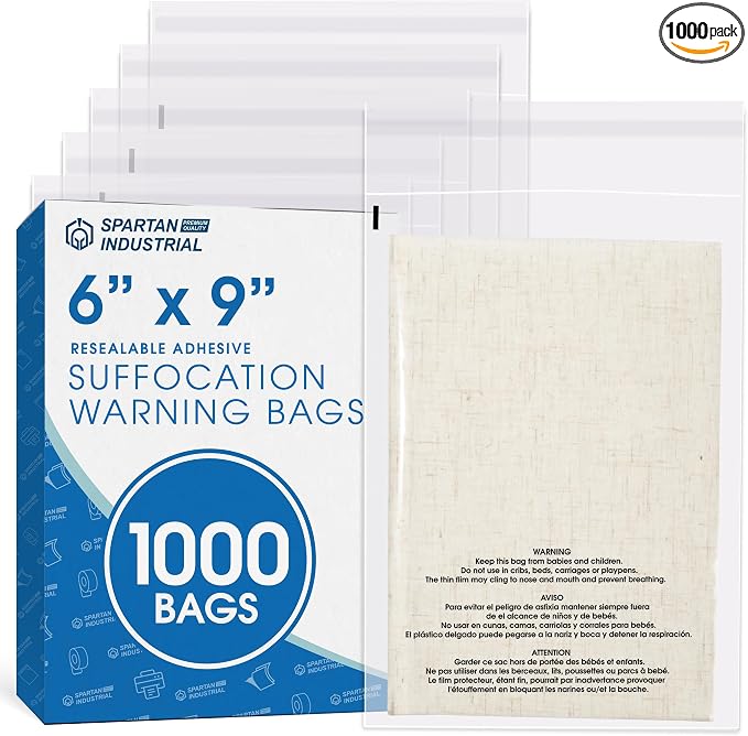 Spartan Industrial - 6” X 9” (1000 Count) Self Seal Clear Poly Bags with Suffocation Warning for Packaging, Shipping - Resealable Glue