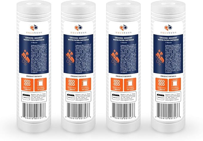 Aquaboon Whole House 1 Micron 10 x 2.5 PP Grooved Sediment Water Filter Cartridge Replacement Compatible with AP110, WHKF-GD05, CFS110, P5, 4-Pack