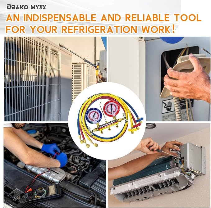 Upgrade 42036 Test & Charging Manifold with 3-1/8"(80 mm) Gauges, A2L Compatible, 2-Valve, 60" Refrigerant Hose, Color-Coded Scales, HVAC Manifold for R32/454B/410A/1234yf,Y/R/B Hoses