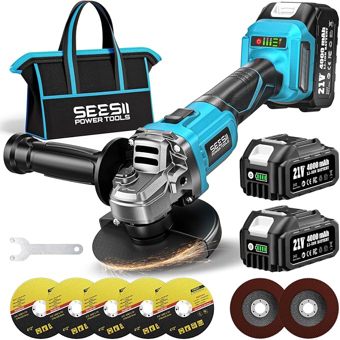 SEESII Cordless Angle Grinder 4-1/2 Inch, 21V Brushless Battery Grinder Tool with 2X 4.0Ah Batteries, 10000RPM for Metal Cutting, Grinding, Polishing, Rust Removal (Blue)