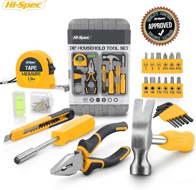 Hi-Spec Small Tool Kit Compact Set for Home and Office DIY, 25-Piece Yellow Mini Tool Box for Basic Household Repairs, Starter Toolkit in a Portable Toolbox Case.