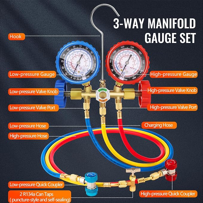 VTG VOGTEN 4.5 CFM AC Vacuum Pump and Gauge Set,for Mini Split/HVAC/Auto Systems,Manifold Gauge Kit Compatible with R134a R12 R22 R502,Includes 3 Hoses, 2 R134a Can Tap,Upgraded Trifold Storage Case