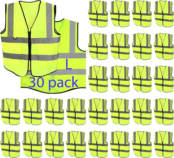 30 Pack High Visibility Reflective Safety Vests with Pockets and Zipper, High Visibility Mesh Construction Vest