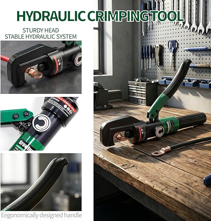 Hydraulic Crimping Tool, 2/0 Battery Cable Crimper, 10T Hydraulic Crimper for US AWG Size 12-2/0 Gauge Stranded (9 Sets of US Standard Crimping Dies: 12, 10, 8, 6, 4, 2, 1, 0, and 00AWG)