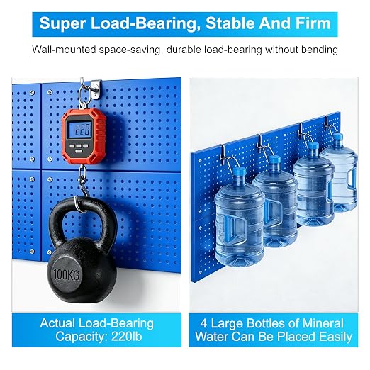 Metal Peg Board Panels 4 Pack, 24" x 12", Black, Blue | Heavy Duty Rust-Proof Wall Board Panels, Sturdy Steel Storage Pegboard for Garage, Workshop & Craft Room Organizer