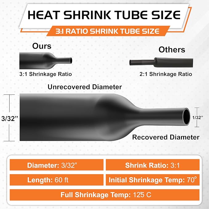 3/32" Heat Shrink tubing, 3:1 Ratio Wire Heat Shrink Tubing Industrial and Marine Grade, Dual Wall Adhesive Lined Wire Shrink Wrap Tubing, Waterproof Heat Shrink Tube - Black, 60 Feet Roll