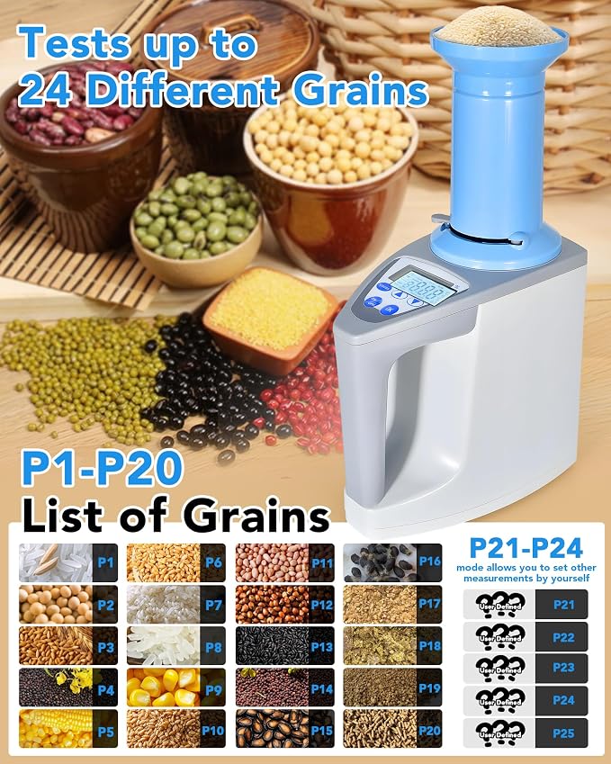 Digital Grain Moisture Meter, Accurate Moisture Testing for Wheat, Corn, Rice for 24 Kinds of Grains, Quick Reading with LCD Display, Multi-point calibration & error correction for Agricultural Use