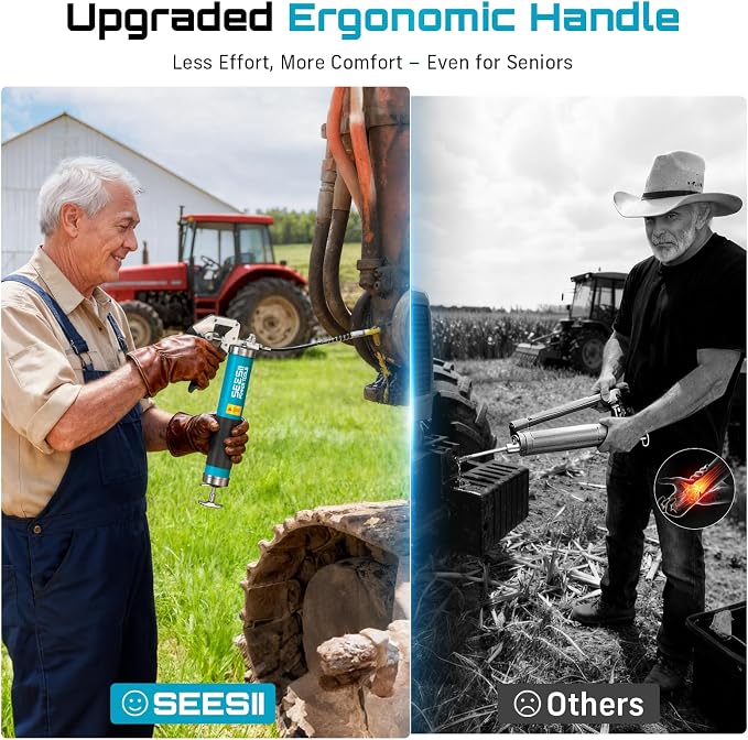 Seesii Upgraded 8000PSI Grease Gun Kit: Heavy Duty Pistol Grip Grease Gun with 14oz Capacity, Quick-Release Coupler, 90°Adapter, Flexible Hose, Rigid Pipe for Automotive, Agricultural, Industrial