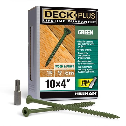 Deck Plus 4 Inch Epoxy Coated Exterior Wood and Fence Screws #10 x 4 Torx/Star Drive Included Coarse Thread, Outdoor Rust Resistant Decking Screw, Green, 1lb Box, 43 Pieces | 48409