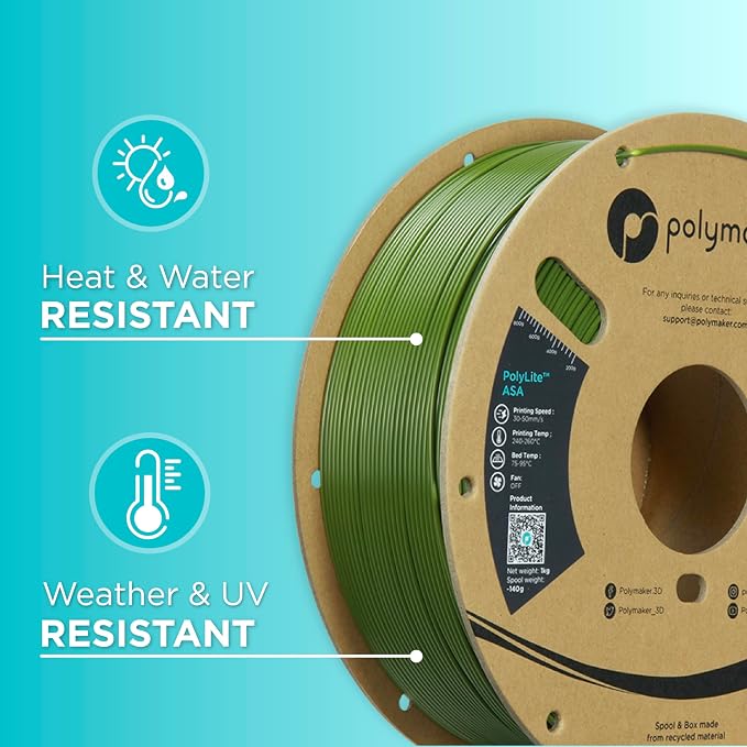 Polymaker ASA Filament 1.75mm Army Green, 1kg ASA 3D Printing Filament, Heat & Weather Resistant - ASA 3D Printer Filament Perfect for Printing Outdoor Functional Parts