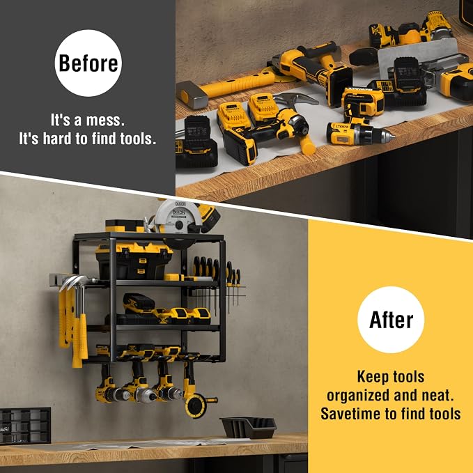 YYR 4 Layer Power Tool Organizer 16 Inch 4 Slots & Heavy Duty 4-Level Lumber Storage Rack Wall Mount