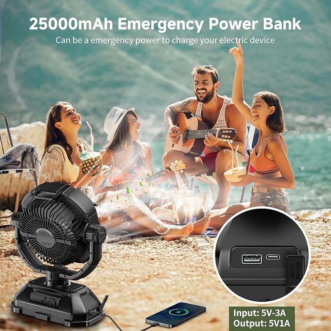 Portable Misting Fan Rechargeable for Hot Weather - 9-inch Auto Swivel Camping Fan with 25000mAh USB Battery as Power Bank, Outdoor fan with 4 Mist Cooler, 7L Bucket for Patio,Yard,Beach,Golf (Black)