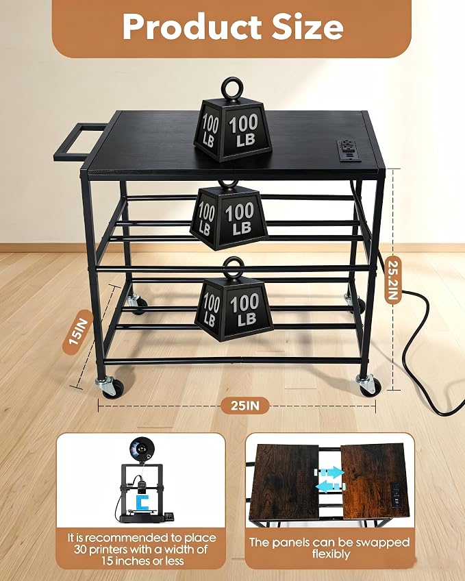 3D Printer Stand with Filaments Storage-Small 3D Printer Table for Consumables Storage,Heavy Duty 3D Printer Cart Desk Suitable for Workshops, Studios and Offices（Black）