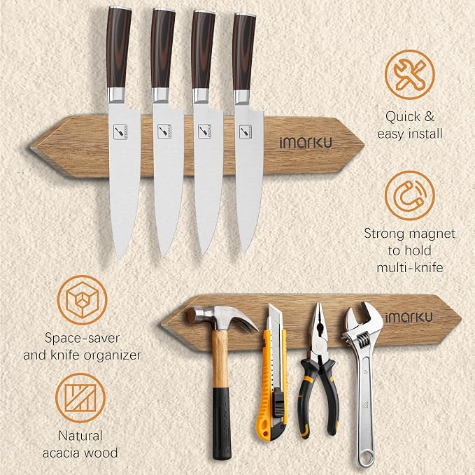 imarku 16 Inch Magnetic Knife Strip, Acacia Wood Knife Holder for Wall, Heavy Duty Magnet for Quick Access & Secure Grip, Space Saving Kitchen Utensil Rack with 4 Hooks