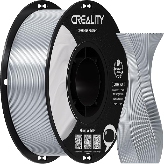 Creality Silk PLA 3D Printer Filament, Metallic Silver PLA Filament 1.75mm, High Glossy and Smooth Silk Texture, Metal Filament +/-0.02mm Precision, 3D Printing Filament 1KG/2.2lb, (Silver)