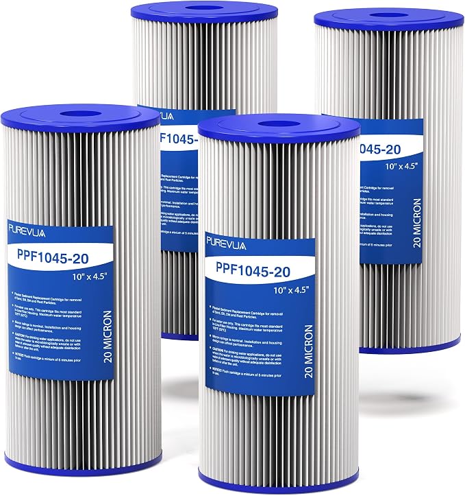4-Pack 10" x 4.5" Pleated Sediment Water Filter Cartridge 20 Micron High Flow Whole House Water Filter Replacement for Well Water, Compatible with Culligan R50-BBSA, GE FXHSC, ECP5-10B, R30-BB