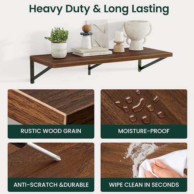 Floating Shelves 12 Inch Deep, 16W x 12D Wall Shelf Set of 2, 35 lbs Heavy Duty Reversible Metal Brackets, Deep Industrial Book Shelf for Living Room Kitchen Bath Bedroom Coffee Bar, Walnut