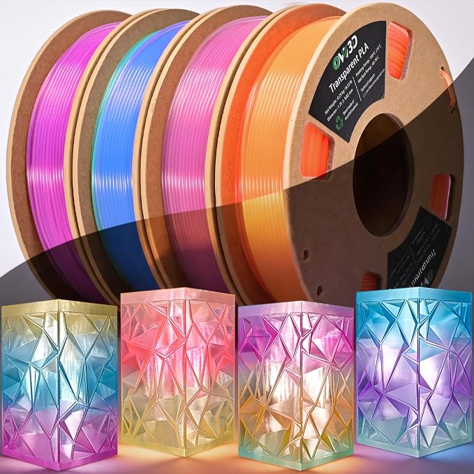 OVV3D Transparent PLA 3D Printer Filament Bundle 250g x 4 Spools, Multicolor Clear PLA Filament 1.75mm Pack, Translucent Color Change 3D Printing Filament, Vibrant Gradient Pastel Filament