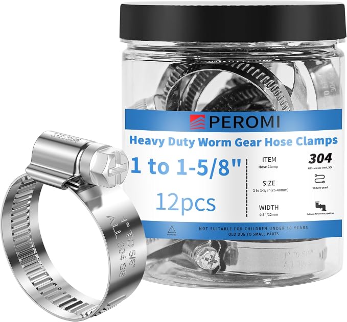12PCS Adjustable Hose Clamps, 304 Stainless Steel Worm Gear, 1" to 1-5/8"(25-40mm), Rolled Edge No Perforations, Heavy Duty Reusable Pipe Clamp for Marine & Boat Application
