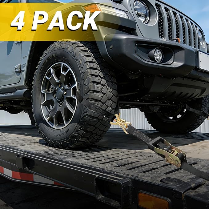 Car Tie Down Straps for Trailers, 4 Pack 2" x 96" Heavy Duty Car Hauler Ratchet Straps, 10,000 lbs Break Strength, Latch J-Hooks & 2" x 36" Axle Straps for Cars, SUVs, Trucks, ATVs & UTVs, Black