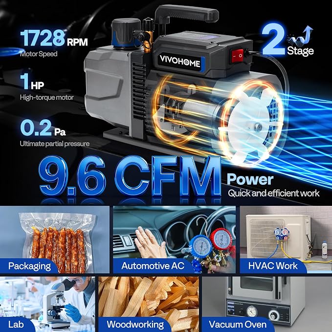VIVOHOME 1 HP 9.6 CFM 2 Stage A2L HVAC Vacuum Pump, Sparkless Motor for R32 R1234yf R454B R134a R22 R410a Systems, Auto AC Vacuum Pump for Air Conditioner Resin Degassing with Oil Bottle