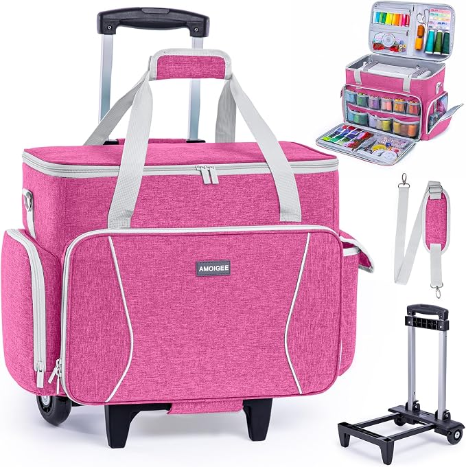 AMOIGEE Rolling Sewing Machine Case with Wheels – Sewing Machine Bag with Detachable Wheels Frame, Trolley Tote with Removable Padding,Fits Most Standard Machines Compatible with Singer,Brother,Janome