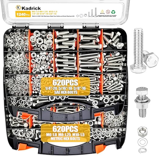 Kadrick 1240PCS Stainless Steel Hex Bolt Assortment Kit – SAE & Metric Set (1/4”-20, 5/16”-18, 3/8”-16, M6, M8, M10) – Bolts, Nuts, Flat & Lock Washers – Dual-Side Heavy-Duty Storage Box