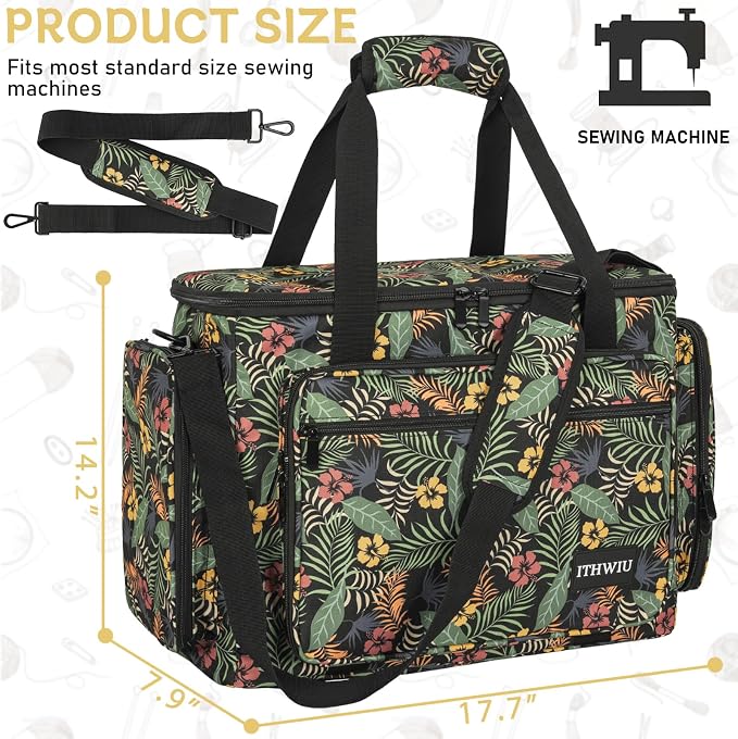 Sewing Machine Case with Wheels, Universal Rolling Trolley Tote with Shoulder Strap & Multiple Storage Pockets Compatible with Most Standard Singer, Brother, Janome, Floral