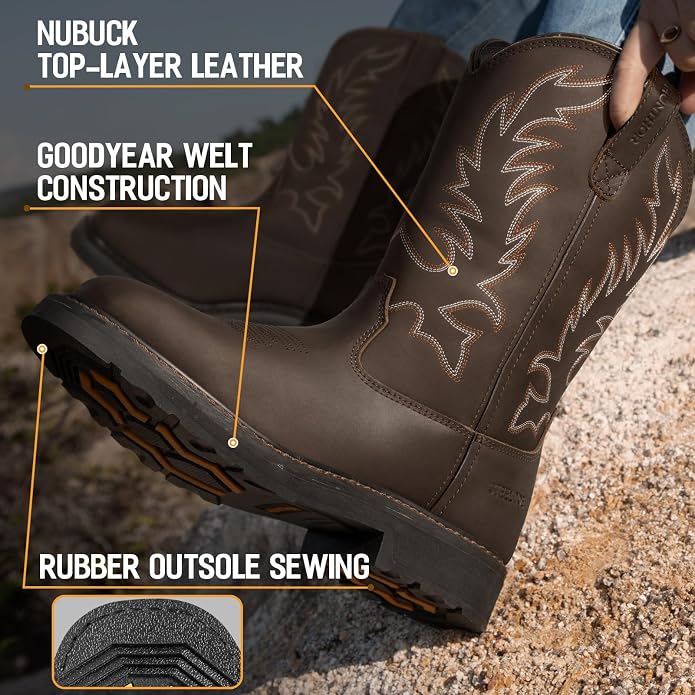 Men's Cowboy Work Boots, Square Steel Toe EVA Mid-Sole with GoodyearWelt Leather Anti Slip Western Men's Brown Boots for Manufacturing, Construction, Farming, Size 7-14