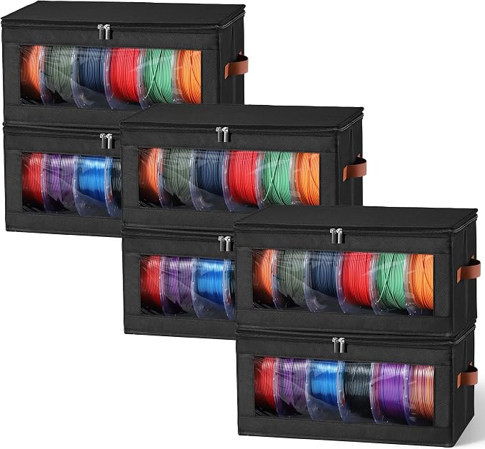 YOOPAI Filament Storage Box, 6 Pack Stackable 3D Printer Filament Storage Organizers for 36 Spools, Foldable Oxford Fabric Containers with Clear Window, PP Support Panels and Handles, Black