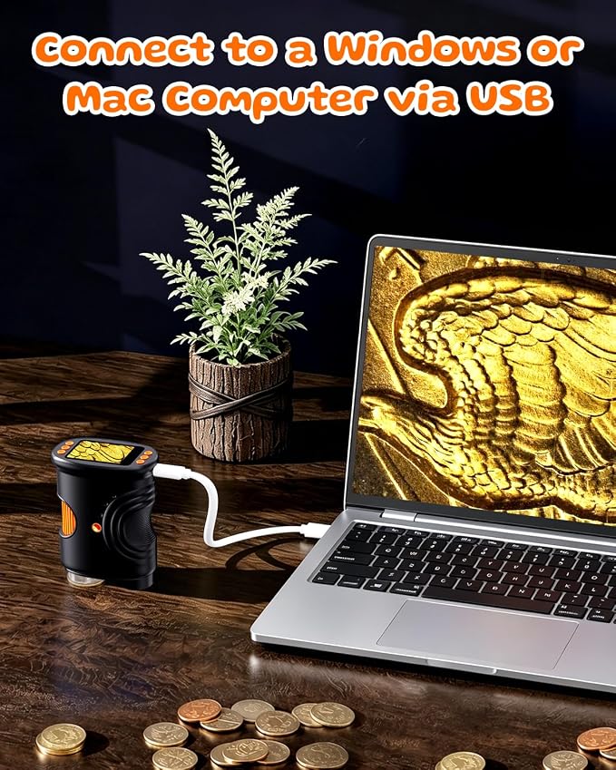 1000X Coin Microscope with Lights, Digital Handheld Coin Magnifier with 8 Adjustable LED Light, Portable Rechargeable Pocket Microscope Compatible with Windows/Mac, Black