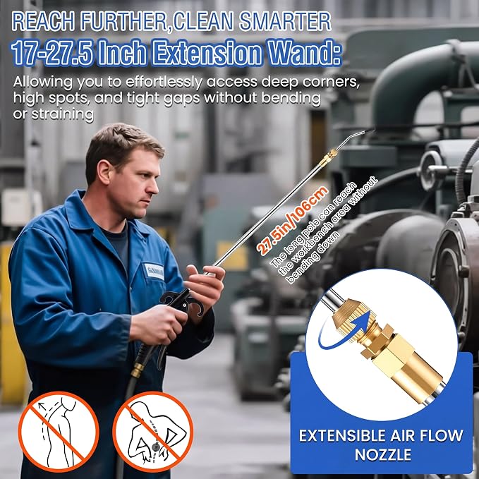 High Pressure Air Blow Gun, Extension Long Air Nozzle Blower Wand Fit 1/4" NPT Inlet & Lever Grip, Heavy Duty Industrial Blow Gun Pneumatic Tool for Radiator Compressor Attachment(1 Pc,17-27.5 Inch)