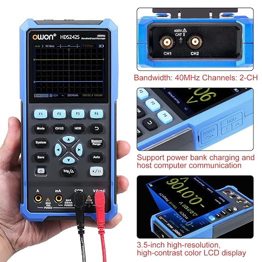 OWON HDS242S 3 in1 Handheld Digital Oscilloscope Waveform Generator Multimeter 2CH USB Type C 40MHz 3.5 LCD Test Meter