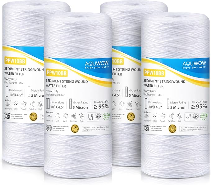 PPW10BB 5 Micron 4.5" x 10" String Wound Sediment Filter Set – Replacement Cartridges for Whole House & Under Sink Systems, Durable Depth Filtration (4, 10 x 4.5)