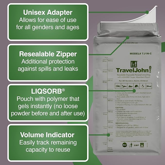 TravelJohn Resealable Disposable Urinal Bags – Road Trip Essentials for Men, Women & Kids – Odorless Leakproof Portable Urine Bags – Travel Urinal for Camping & Emergencies (TJ1N-C)