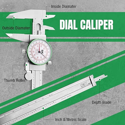 SK Dial Caliper, 6-Inch/150mm Caliper Measuring Tool with Dual SAE/Metric Scale, 4 Measurement Methods Stainless Steel Calipers, ±0.001 inch/0.03mm Accuracy