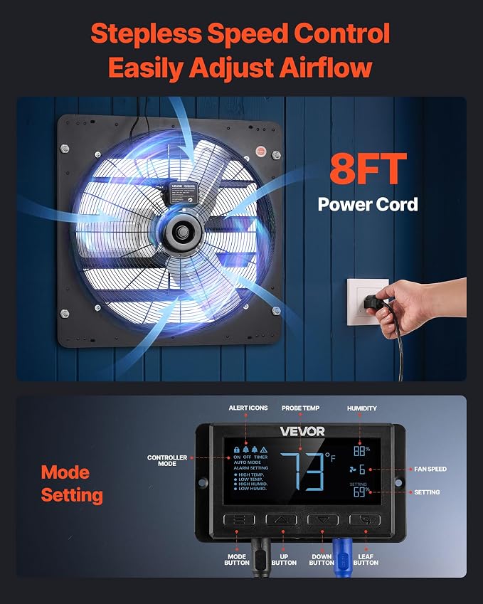 VEVOR 24 inch Exhaust Fan, Wall Mounted Attic Fan with Variable Speed, Temperature & Humidity Controller, 4800 CFM, Automatic Shutter