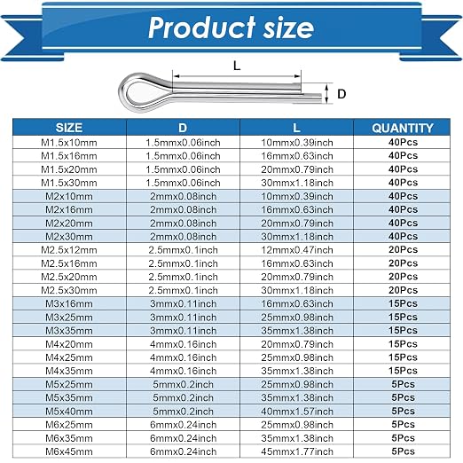 520Pcs Cotter Pin Assortment Kit - 304 Stainless Steel 24 Sizes Small Cotter Pin Set for Automotive, Trailer, Hitch Pin Lock System