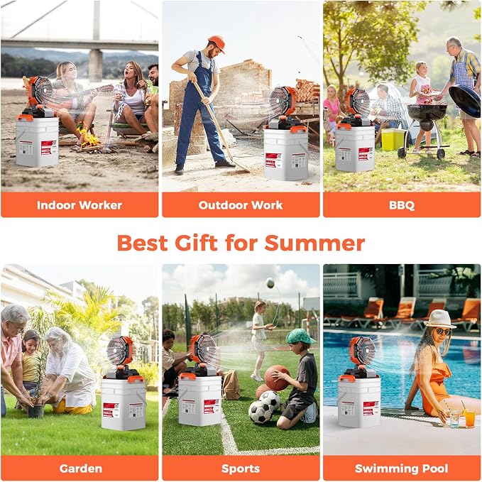 Portable Misting Fan with 25L Bucket, Rechargeable Battery Powered Floor Cooling Fan with 4 Strong Winds, 4 Spray Mister, Adjustable Base for 10-13in Bucket for Camping, Beach, Patio-Orange