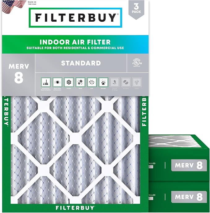 Filterbuy 20x22x4 Air Filter MERV 8 Essential Dust & Allergy Defense (3-Pack), Electrostatic Pleated HVAC AC Furnace Filters Replacement, Made in USA (Actual Size: 19.50 x 21.50 x 3.63)