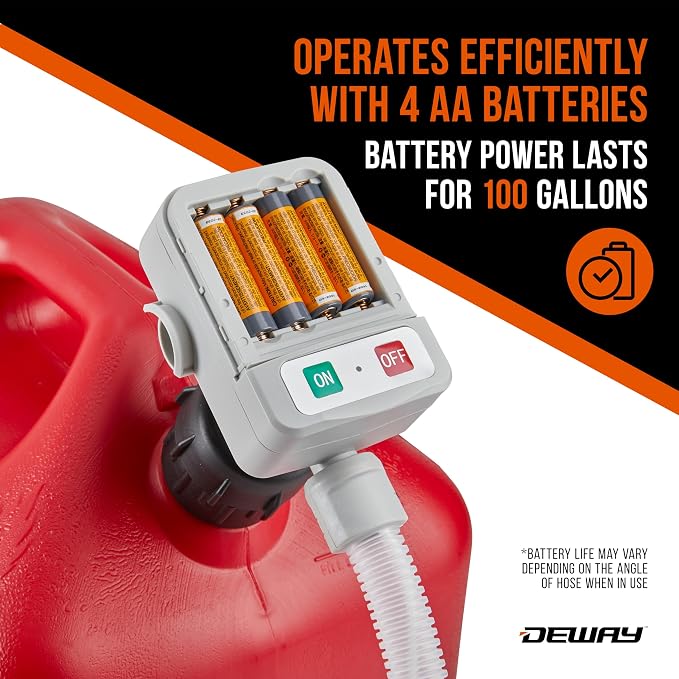 DeWay Fuel Transfer Pump for Gas Can with Precision Auto-Shutoff Nozzle | Fast 2.4GPM Flow Rate, Long 51” Hose, 4 AA Battery Power & 3 Fuel Adapters for Gasoline, Kerosene, Diesel & Non-Potable Water