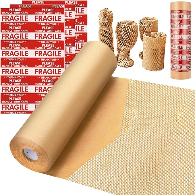 Honeycomb Packing Paper, MINHAO 15"x100ft Eco Friendly Packing Paper for Moving Recyclable Honeycomb Paper Moving Supplies Bubble Paper Wrapping Protective Roll, With 36 Fragile Sticker Labels