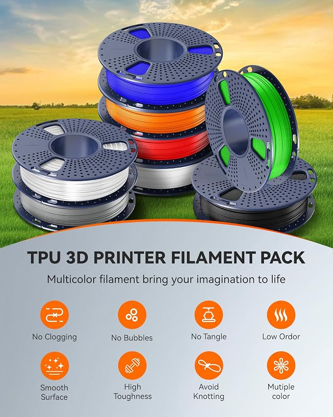 TECBEARS TPU Filament 1.75mm, 95A 3D Printer Filament, Flexible TPU Filament for Fast Printing, 250G Spool, 8 Rolls, 2KG in Total, Black+White+Transparent+Grey+Red+Blue+Green+Orange